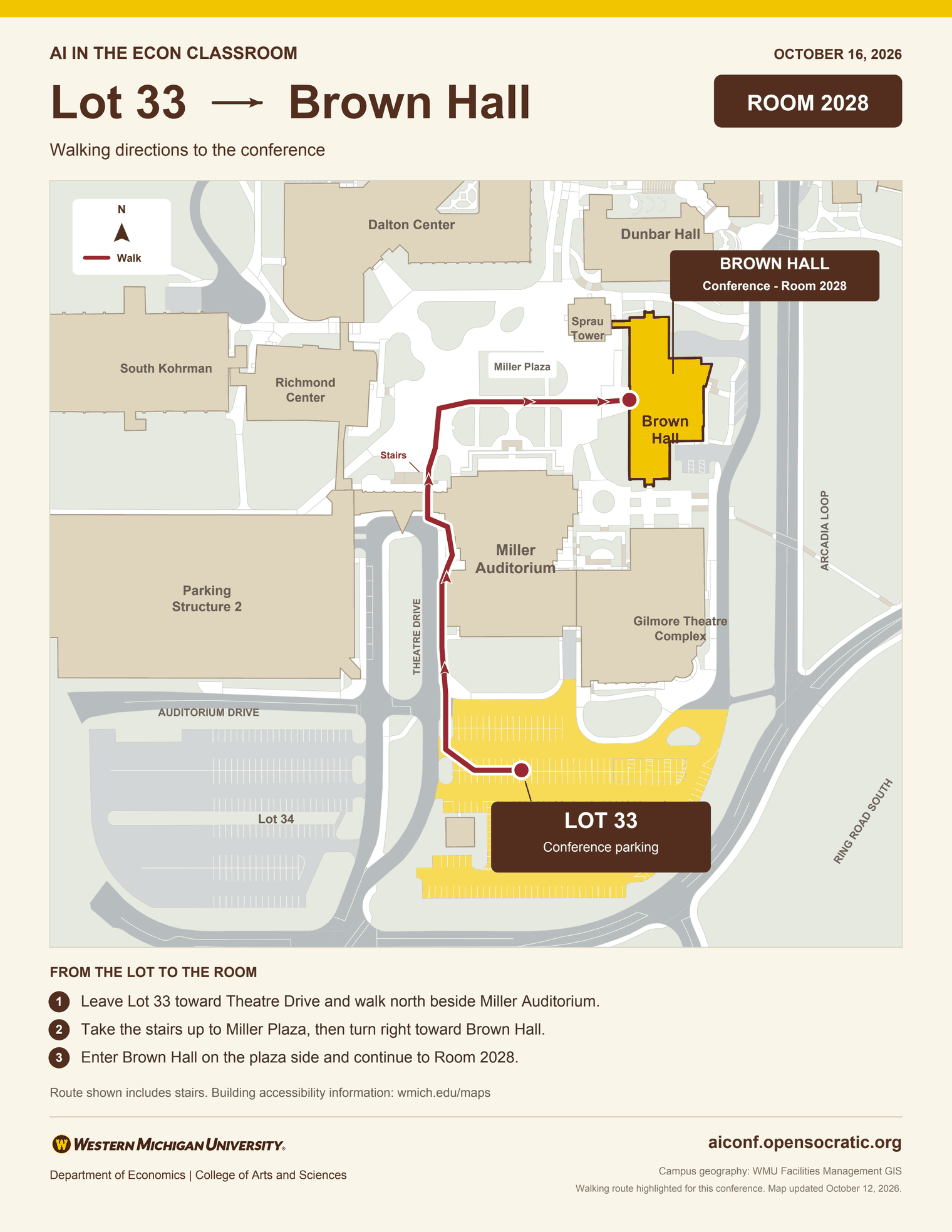 Campus map of the walking route from Lot 33 north beside Miller
                  Auditorium, up the stairs to Miller Plaza, then right to Brown
                  Hall and Room 2028.